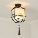 Chinese Style Retro Square Fabric Ceiling Lamp with Ceramic Ornaments for Bedroom and Hallway
