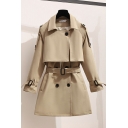 Fashion Plain Lapel Collar Long Sleeve Loose Double Breast Belt Trench Coat for Girls