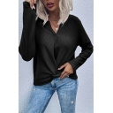 Fashionable Girls Pure Color V Neck Long Sleeves Regular Fit Knitted Top