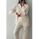 Hot Women Plain Notched Collar Long-sleeved Button-up Shirt with Pants Loose Fitted Set
