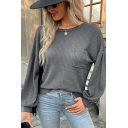 Fashion Ladies Pure Color Chest Pocket Long Sleeve Round Neck Backless Knitted Top