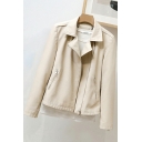 Ladies Casual Plain Pocket Designed Lapel Collar Long-Sleeved Fitted Zipper Leather Coat