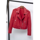 Leisure Women Solid Pocket Lapel Collar Long Sleeve Relaxed Zip Fly Leather Jacket