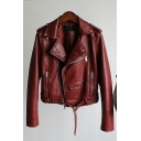 Leisure Women Solid Belt up Lapel Collar Long Sleeve Relaxed Zip Fly Leather Jacket