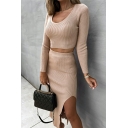 Stylish Ladies Pure Color Scoop Neck Long Sleeve Crop Knitted Top & Slit Maxi Skirts Set