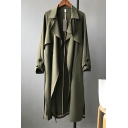 Girls Fashionable Solid Lapel Collar Relaxed Long Sleeves Open Front Trench Coat