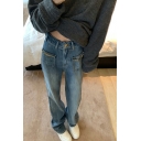 Women Cozy Solid Color High Rise Long Length Pocket Straight Zip down Jeans