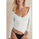 Casual Women Pure Color Long Sleeve Scoop Neck Slim Fitted Cropped Knitted Top