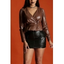 Street Look Women Solid Color V Neck Long Sleeves Double Buttons Leather Jacket