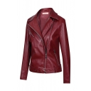 Women Pop Solid Color Pocket Lapel Collar Long Sleeves Zip Fly Skinny Leather Jacket