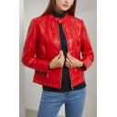 Women Fashion Stud Leather Long Sleeve Slim Stand Collar Zipper Jacket
