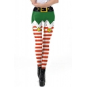 Women Basic 3D Christmas Pattern Elastic Waist Slim Fitted Long Length High Rise Pants