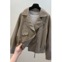 Girl's Trendy Solid Flap Pocket Lapel Collar Baggy Long Sleeves Zip Down Leather Jacket