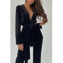 Hot Women Plain Fitted Long-sleeved V Neck Belt-up Shirt with High Waist Pants Co-ords