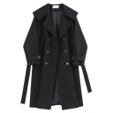 Girl's Fashion Solid Belt Notched Lapel Loose Fit Long Sleeves Double Breasted Trench Coat