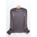 Chic Pure Color Long Sleeve Round Neck Regular Fitted Tee Shirt for Girls