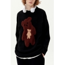 Boys Hot Cartoon Bear Print Long Sleeves Crew Neck Relaxed Pullover Sweater
