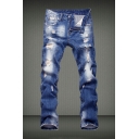 Guys Stylish Jeans Solid Color Distressed Detailed Mid Waist Regular Zip Up Jeans