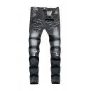 Men Creative Contrast Color Broken Hole Design Full Length Zip Placket Straight Jeans