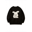 Freestyle Cartoon Pattern Crew Collar Oversized Long Sleeves Knitted Top for Women