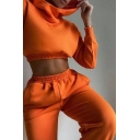 Trendy Ladies Pure Color Long Sleeves Hooded Crop Hoodie with Regular Pants Co-ords