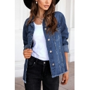 Hot Plain Chest Pocket Spread Collar Ripped Long-sleeved Button Fly Denim Jacket for Girls