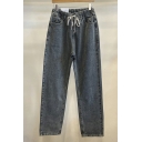 Retro Mens Pure Color Pocket Long Length Loose Fitted Drawstring Waist Jeans