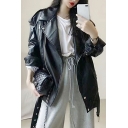 Women Vintage Pure Color Spread Collar Long Sleeves Belt Detail Zipper Leather Jacket