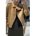Trendy Solid Flap Pocket Lapel Collar Long Sleeve Relaxed Zip-up Leather Jacket for Ladies