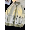 Mens Unique Contrast Color Long-Sleeved Stand Collar Button Fly Baggy Baseball Jacket