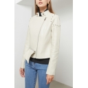 Stylish Ladies Plain Stand Collar Beading Decoration Long-sleeved Zip-up Leather Jacket
