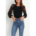 Edgy Women Solid Color Round Neck Lace Design Long Sleeves Curve Hem Knitted Top
