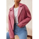 Casual Girls Plain Pocket Lapel Collar Long-Sleeved Relaxed Zipper Leather Jacket