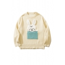 Fashionable Girls Rabbit Printed Crew Collar Long Sleeves Baggy Knitted Top