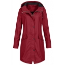 Dashing Ladies Whole Colored Hooded Drawstring Long Sleeves Fitted Zip Fly Trench Coat