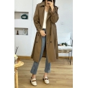 Edgy Women Solid Color Lapel Collar Loose Pocket Long Sleeve Double Breasted Trench Coat