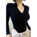 Creative Bodysuit Whole Colored V-neck Long-sleeved Bodysuit for Ladies