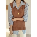 Leisure Ladies Solid Color Sleeveless Fitted V-neck Rib Hem Knitted Vest