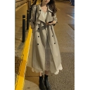 Simple Women Solid Lapel Collar Loose Fitted Long Sleeve Double Breasted Trench Coat