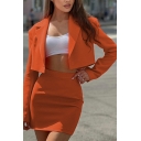 Ladies Chic Solid Color Lapel Collar Long Sleeve One Button Blazer with Skirts Suit Set