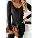 Ladies Cozy Whole Colored V-neck Long Sleeves Slimming T-shirt