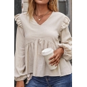 Simple Women Plain V Neck Ruffles Detail Long Sleeve Relaxed Tee Shirt