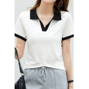 Classic Ladies Color Block Short Sleeves Spread Collar Regular Fitted Polo Shirt