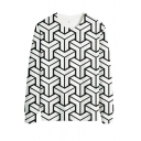 Cool Guy's 3D Pattern Ribbed Trim Round Collar Long Sleeves Fitted Pullover Sweatshirt