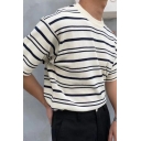Guys Fashionable Striped Print Fitted Round Collar Long Sleeves Soft Tee Top