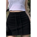 Girls Cozy Solid Color Drawstring High Waist Mini Length A-Line Skirt