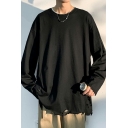 Casual Men Pure Color Cut-outs Crew Neck Long Sleeve Loose Fitted Tee Top