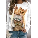 Chic Ladies 3D Cat Print Crew Neck Long-Sleeved Fitted Pullover Sweatshirt