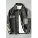 Creative Color Block Pocket Detailed Spread Collar Baggy Button-up Denim Jacket for Guys