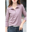 Trendy Girls Spread Collar Plain Long-sleeved Button Decoration Skinny Polo Shirt